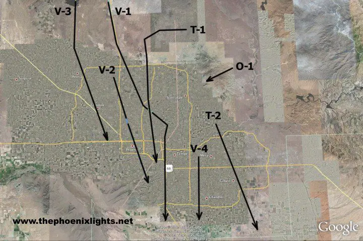 Phoenix Lights aerial flight paths map.