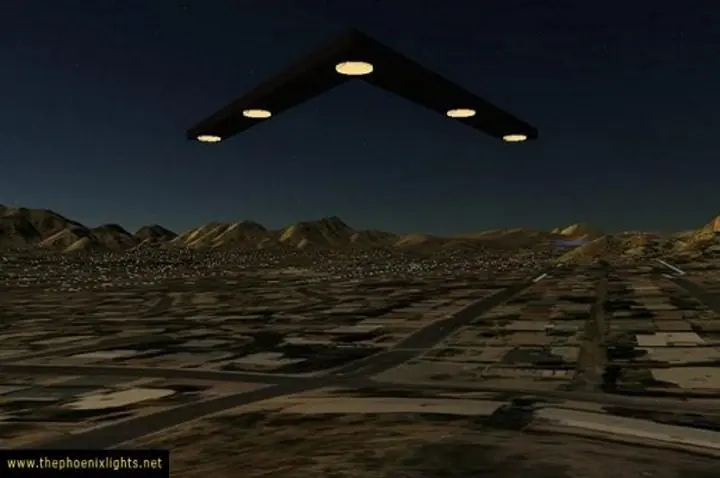 Phoenix Lights-like UFO over desert.