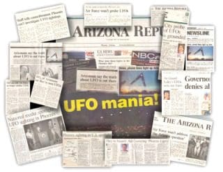 Here's an alt tag for the image: `Phoenix UFO sightings newspaper clippings`