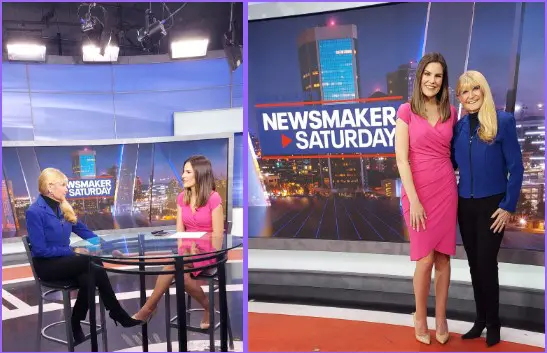 A woman in pink dress on tv set and two people sitting at table